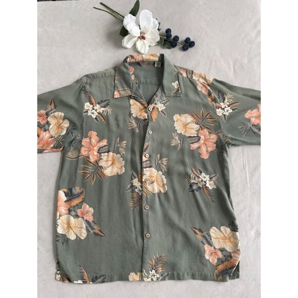Izod Mens XL Hawaiian Floral Shirt 100% Silk Sage Green Short Sleeve Button-Up - Picture 1 of 8